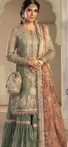 chiffon with  cotton silk gharrara embroidered Pakistani dress salwarr kameezgharrara style made on custom order outfit. Pink Gharara, Gharara Designs, Designer Salwar Kameez, Nikkah Dress, Fancy Suit, Pakistani Suit, Pakistani Designer Suits, Salwar Dress, Pakistani Wedding Outfits