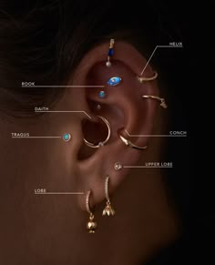 an ear with different types of piercings on it