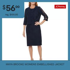 Maya Brooke designed this jacket and dress set to take the stress out of finding the perfect outfit for a wedding, an anniversary, or any special occasion. It includes a knee-length sleeveless dress with a crew neckline and a back zip fastening. And it has a three-quarter sleeve sequin embellished knit jacket to complement the look. Polish off this formal style with stiletto pumps.2nd Piece Description: Jacket2nd Piece Sleeve Style: Fitted Sleeve2nd Piece Sleeve Length: 3/4 Sleeves2nd Piece Fab… Jacket Dresses, Embellished Jacket, Stiletto Pumps, Embroidered Jacket, Dresses Lace, Formal Style, Dress Set, Knit Jacket, Quarter Sleeve