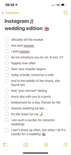 the instagram wedding checklist is shown in yellow and black, with an arrow pointing to