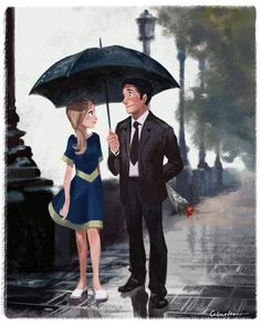 a man in a suit and tie holding an umbrella next to a woman in a blue dress