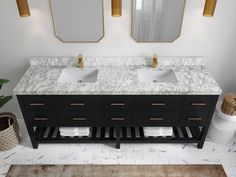 a bathroom with two sinks and mirrors on the wall next to a rug in front of it