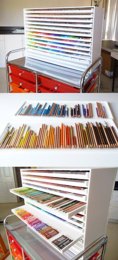 the shelves have many different colored pencils on them