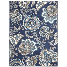 an area rug with blue and white floral designs on the front, in various colors