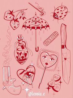 an image of various items that are in the shape of hearts and umbrellas on a pink background