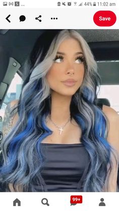 Black Blue And Blonde Hair, Blue Black And Blonde Hair, Black With Color Hair, Black And Blue Hair Underneath, Blue Blonde And Black Hair, Blue Hair With Money Piece, Black With Blue Underneath Hair, Colorful Money Piece Hair Brunette, Blue Hair Dye Underneath