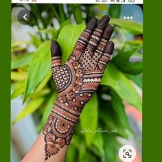 a woman's hand with henna tattoos on it and green leaves in the background