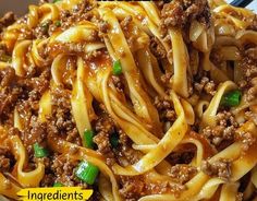 a plate full of noodles with meat and green onions