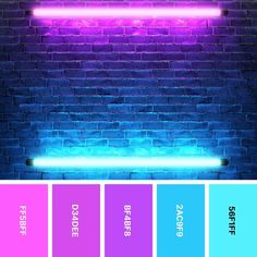 a brick wall with neon lights on it and the colors are blue, pink, purple, and green