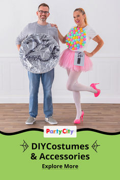 a man and woman in costumes posing for a photo with the text party city diy costumes & accessories explore more