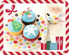 three cupcakes on a plate with christmas decorations