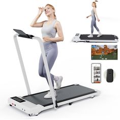 a woman is running on a treadmill with her phone and other gadgets nearby