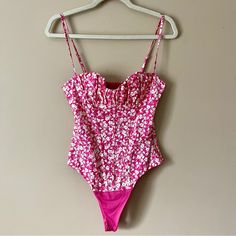 Nwt Zara | Pink Floral Corset Bodysuit Sz S. Measurements From Flat: 14.5" Bust, 30" Length Fitted Floral Print One-piece Bodysuit, Fitted Floral Print Summer Bodysuit, Feminine Fitted Floral Print Swimwear, Fitted Floral Print Feminine Swimwear, Fitted Spring Beachwear Bodysuit, Feminine Fitted Bodysuit For Summer, Fitted Feminine Bodysuit For Summer, Fitted Floral Print Swimwear With Underwire, Fitted Floral Print Underwire Swimwear