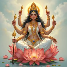 a woman sitting on top of a lotus with her hands in the air and holding two torches