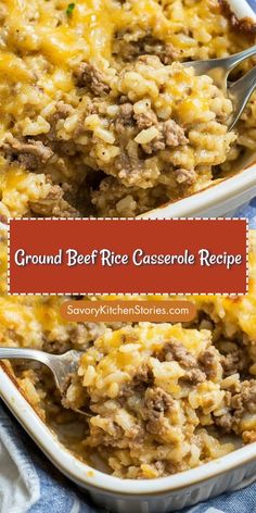 ground beef rice casserole recipe in a white dish