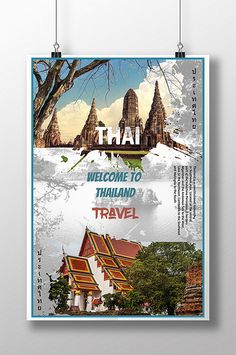 a poster with the words thailand and an image of some buildings