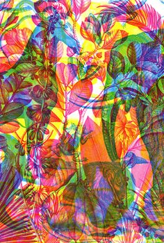 an abstract painting with flowers and leaves on it's surface, in bright colors