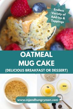 oatmeal mug cake with blueberries, raspberries and other ingredients