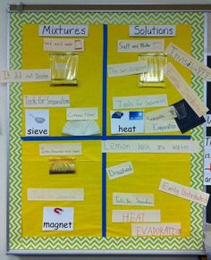 a bulletin board with pictures and magnets on it that say mixtures, heat, water, ice cream