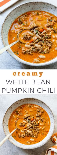 creamy white bean pumpkin chili soup in a bowl