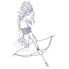 a drawing of a woman in a dress with feathers on her head and an arrow