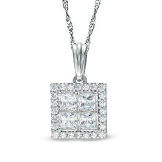 Fit for the queen of your heart, this stunning princess-cut diamond frame pendant makes your occasion or event sparkle. Created in 14K white gold This pendant features a stunning quartet of princess-cut diamonds set closely together. A squared frame lined with smaller round diamonds surrounds the center quad. Radiant with 1 ct. t.w. of diamonds This pendant suspends along an 18.0-inch rope chain that secures with a spring-ring clasp. Four Princess, White Gold Pendant Necklace, Diamond Frame, Square Diamond, Diamond Pendant Necklace, Square Frame, Princess Cut Diamonds, Diamond Stone, Diamond Clarity