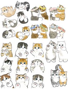 a bunch of cats that are drawn in different colors and sizes, all sitting together