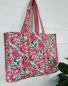 Quilted block print, oversized reversible tote. Perfect for a market tote, beach bag, weekender, and much more! Interior pocket 17.5" x 17.5" Cotton, block printed fabric Grab Bag Gifts, Reversible Tote, Market Tote, Block Printing Fabric, Top Graphic Tees, Large Tote Bag, Large Tote, Grab Bags, Sweatshirt Dress