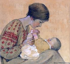 a painting of a woman holding a baby in her lap and looking down at it