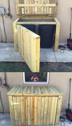 an outdoor storage area made out of pallet wood