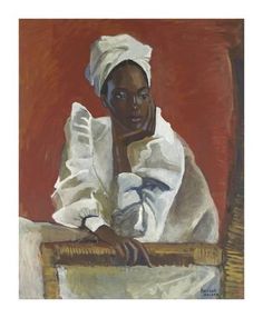 an oil painting of a woman sitting at a table with a white cloth on her head