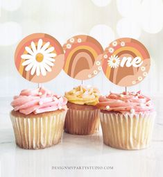 Groovy First Birthday Cupcake Toppers Favor Tags Retro Daisy Birthday Party Decor One Flower Power Festival Download Digital PRINTABLE 0428 Daisy Birthday Party, Retro Birthday Parties, First Birthday Cupcakes, Daisy Birthday, Birthday Cupcake Toppers, 70s Party, Retro Daisy