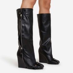 Brand New Unworn W/ Box Price Is Final Under The Knee Boots, Knee High Wedge Boots, Ego Shoes, Luxury Boots, Lady Shoes, Black Knee High Boots, Round Toe Shoes, Chunky Heels Boots, Heels Boots