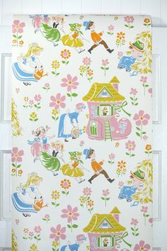 an image of children's wallpaper with flowers and houses