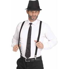 1940s Mobster Black and White Kit (1/Pk) Tie And Suspenders, Black Fedora Hat, Black Suspenders, Black Fedora, Fun World, Monochrome Fashion, Pinstripe Suit, Striped Tie