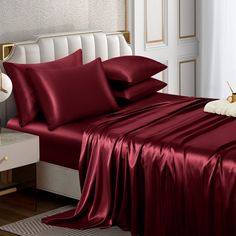 PRICES MAY VARY. ❤Affordable & Luxury Satin Sheet Set: Queen size satin sheet set includes 1 flat sheet 102" x 90", 1 fitted sheet 80" x 60" and 4 pillow cases 20" x 30". Deep pocket fits mattresses up to 16" thick. Elastic all around makes that the satin bed sheets will not loosen up no matter what. A beautiful and fine glossy adds an elegant and advanced style to your room. ❤100% Polyester Satin Sheets: Burgundy satin sheets are made of 100% polyester fiber (satin fabric), soft and smooth like Silk Sheet Set, Silk Bed Sheets, Cama Queen Size, Queen Bed Sheets, Luxury Bed Sheets, Silk Sheets, Satin Bedding, Satin Sheets, King Sheets