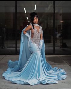 Light Blue Velvet Long Prom Dresses 2024 Luxury Black Girls Diamonds Beading Rhinestones with Cape Sky Blue Prom Dress, Light Blue Velvet, Reception Gown