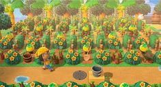 an animal crossing game with sunflowers in the field and people walking around it