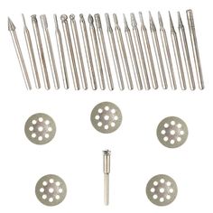 a set of screws and other tools on a white background