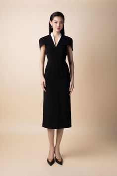 Elegant Fitted V-neck Dress For Dinner, Elegant V-neck Dress For Dinner, Tailored Black V-neck Dress, Elegant Fitted V-neck Dress For Semi-formal Occasions, Elegant Fitted V-neck Dress With Flattering Silhouette, Elegant Fitted V-neck Semi-formal Dress, Dressy V-neck Midi Dress For Office, Chic Sheath V-neck Dress For Formal Occasions, Chic Fitted V-neck Dress For Dinner