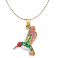 14k Yellow Gold 3D Enameled Hummingbird Necklace Gold Plated Gemstone Necklace Hummingbird, Fleeting Moment, Jewelry 2022, Hummingbird Necklace, Tiny Charm, Bow Jewelry, Disc Pendant, To Move Forward, Small Pendant