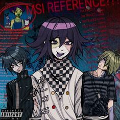 three anime characters standing next to each other in front of an advertisement for msi reference