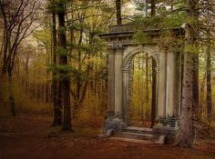 an old stone arch in the middle of a forest