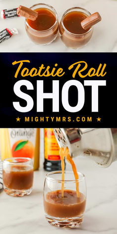 Tootsie Roll Shot Fall Shot Recipes, Tootsie Roll Shot, Birthday Party Surprise, Kahlua Drinks, Halloween Shots, Spring Drink, Kahlua Coffee Liqueur, Whisky Sour, Tootsie Pop