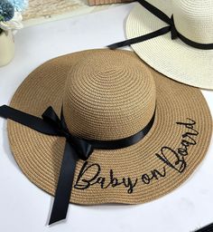 Personalized straw hat large brim is perfect for wedding party, bridal shower, bachelorette party, birthday gift, or Christmas gift Personalized beach hats make a great gift idea for the bride to be at her bridal shower! The bride will be able to take beautiful pictures during the bachelorette weekend and honeymoon. Fun, personalized wide brim hat is perfect for your sunny getaway vacation! Celebrate your vacation, bachelorette, name change, etc with these fun beach hats. Fold it up and pop it in your beach bag... unfolds easily with no permanent wrinkles. Casual Customizable Beach Hat, Bachelorette Party Hats Beach, Honeymoon Beach Hats, Custom-designed Brimmed Straw Hat For Beach, Personalized White Beach Hat, Floppy Beach Hat, Fashion Collection Inspiration, Personalized Hats, Beach Hat