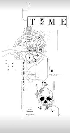 a black and white drawing of a watch with a skull on it