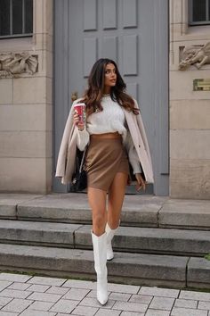 30 Best Summer Date Outfits: Cute and Flirty Looks for Warm Evenings 45 Brown Skirt White Boots, Long White Boots Outfit, Mini Skirts With Boots, Tall White Boots Outfit, Styling White Boots, White Knee High Boots Outfit, Brown Boots Outfit, Shooting Board