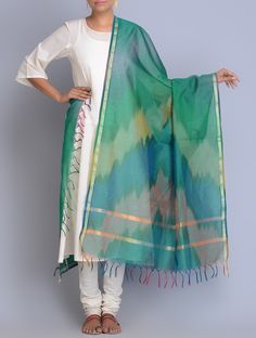 Buy Green Multicolor Ikat Cotton Dupatta Dupattas Woven Online at Jaypore.com East Asian Fashion, Dupatta Style, Kurta Cotton, Neck Designs For Suits, Printing Fabric, Ikkat Saree