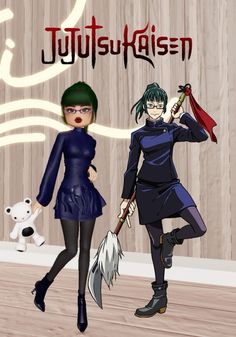 two anime characters dressed in black and blue, one holding a broom while the other holds a white dog