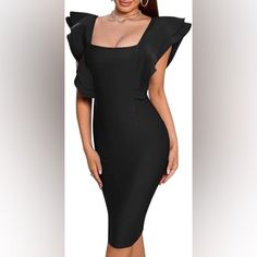 Women’s Elegant Formal Cocktail Ruffle Sleeve Square Neck Midi Dress Size M Nwot - New Without Tags Elegant Ruffle Sleeve Midi Dress For Date Night, Elegant Midi Dress With Ruffle Sleeves For Date Night, Black Ruffle Sleeve Formal Dress, Black Formal Dress With Ruffle Sleeves, Black Ruffle Sleeve Party Dress, Fitted Ruffle Sleeve Midi Dress For Date Night, Fitted Midi Dress With Ruffle Sleeves For Date Night, Black Ruffle Sleeve Dress For Night Out, Elegant Black Bodycon Dress With Ruffles